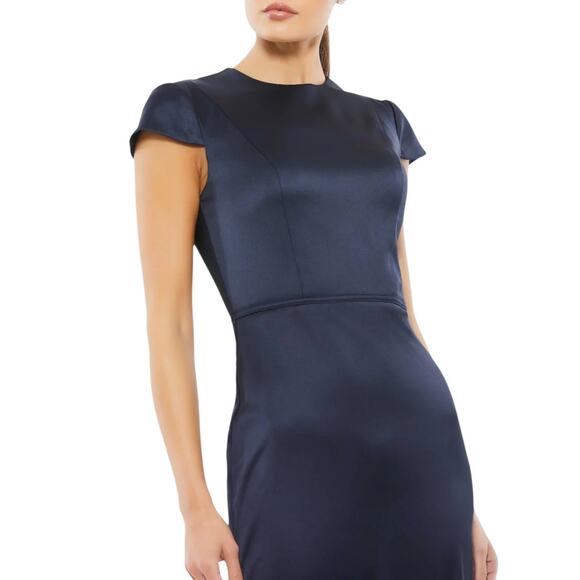 Mac Duggal NWT Satin Cap Sleeve Gown Midnight Blue Size 12 High Neck Back Train - Picture 2 of 8